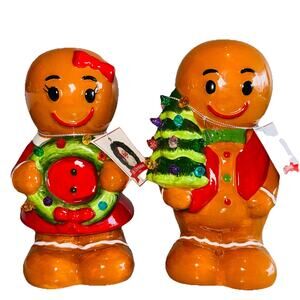 2 NEW Mr. Christmas Light Up Pegs Ceramic GINGERBREAD Man Woman Retro Christmas